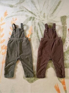 Set of 2 Pehr Corduroy Overalls in Sage & Portobello - Size 12-18 Months